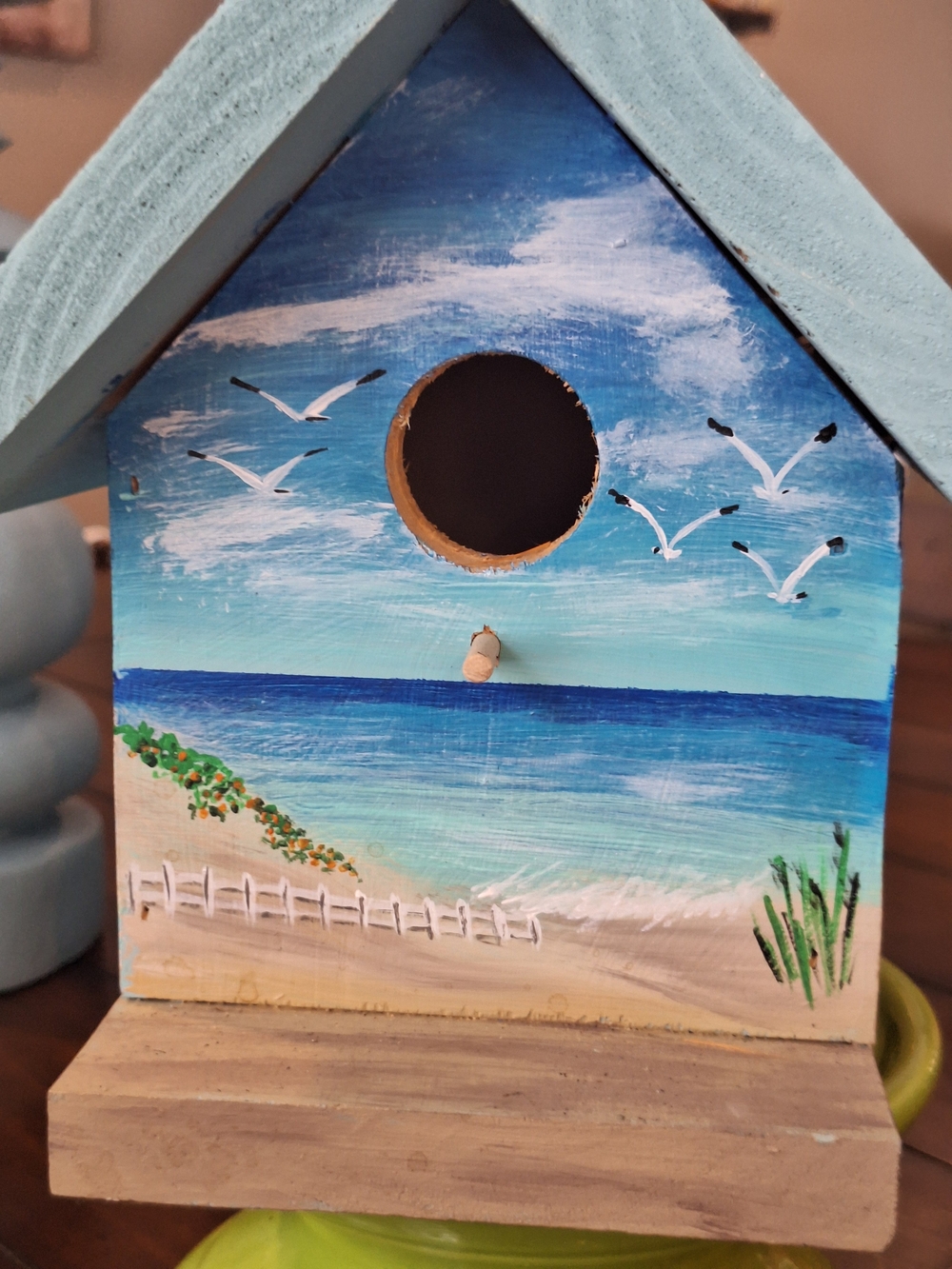 Hand-Painted Blue Seascape Wooden Birdhouse